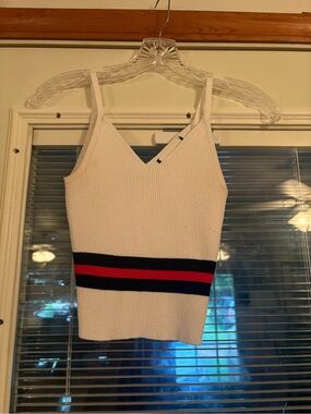 SHEIN White Ribbed V-Neck Tank with Navy and Red Stripes